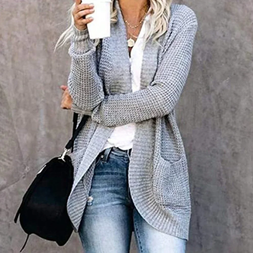 Grey Preppy Womens Dual Pocket Drop Shoulder Open Front Cardigan - Picture 3 of 5
